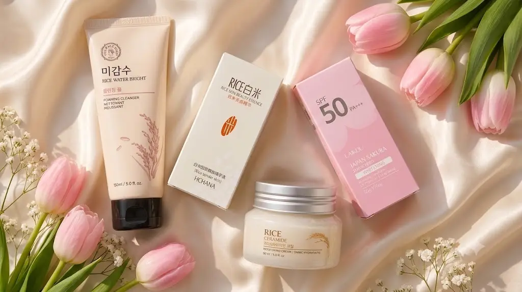 Korean Rise Whitening Combo – Rice Skin Beauty Essence, Sakura Sunscreen, Rice Water Bright Cleanser & Rice Ceramide 1