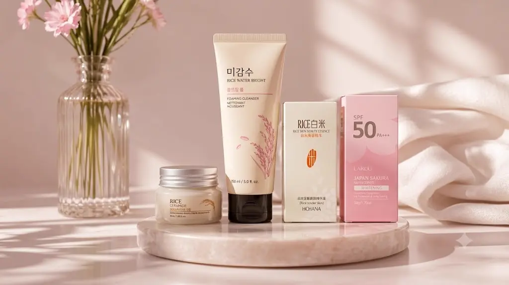 Korean Rise Whitening Combo – Rice Skin Beauty Essence, Sakura Sunscreen, Rice Water Bright Cleanser & Rice Ceramide